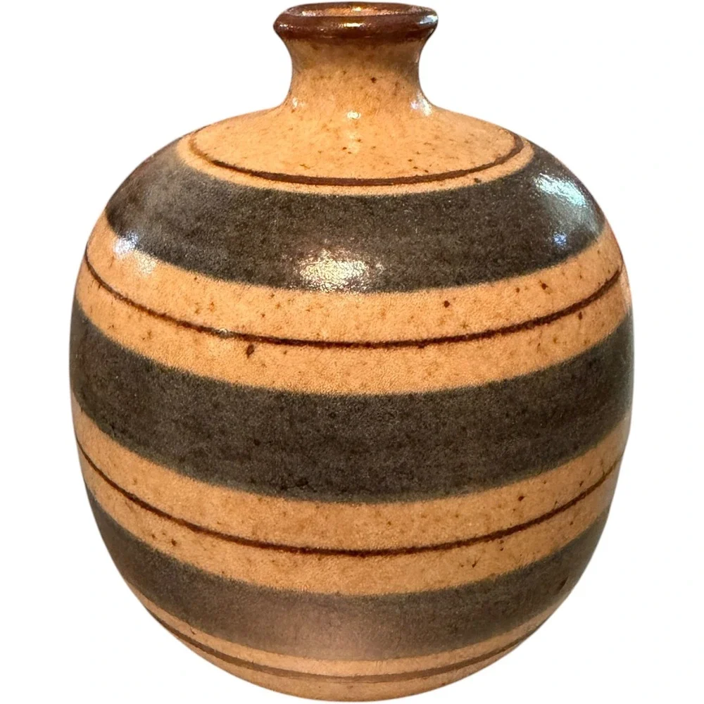 Vintage Studio Pottery Striped Bud Vase Tan Gray Speckled Stoneware Round 4in